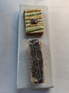 Ratatouille Tart with Collioure anchovies AND Grilled Sardine with grilled bell pepper and Lardo di Colonnata