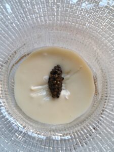 Vichyssoise - A classic cold soup based on leek and potato, accompanied by Kristal Caviar from Maison Caviari.