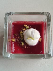 Pistachio mousse, raspberry, and mackerel