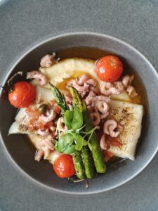 Haddock | Tomato antiboise – brown shrimp – basil – La Ratte potato mousseline