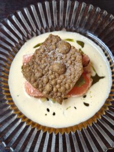 Salmon | passion fruit-coconut | nori cracker