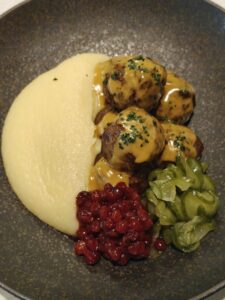 SWEDISH MEATBALLS lingonberry, pickled cucumber, potato puree