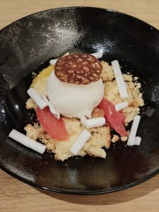 Selection of citrus fruits in the style of a deconstructed lemon tart, lemon sorbet