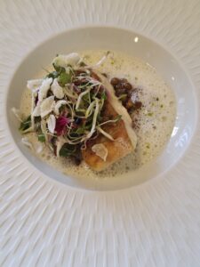 Sea bass, balsamic lentils Sauerkraut beurre blanc, sprout salad
