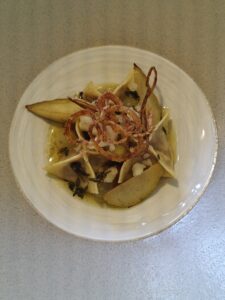 Dried pear fagottini, roasted onions, lemon thyme, goat cheese
